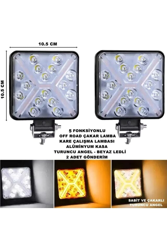 OFF ROAD KARE ÇALIŞMA LAMBASI TURUNCU ÇAKAR ANGEL-BEYAZ LED 5 FONKSİYON